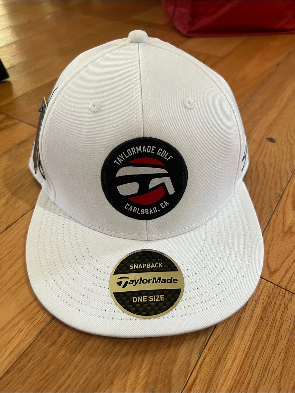 TaylorMade White Snapback Hat with Black & Red Logo